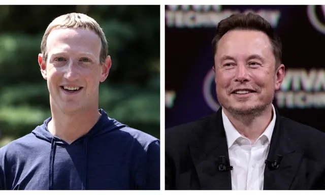 (À gauche) Mark Zuckerberg, PDG de Facebook, lors de la conférence Allen & Company Sun Valley à Sun Valley, Idaho, le 8 juillet 2021. (À droite) Elon Musk, PDG de SpaceX et du constructeur de voitures électriques Tesla, prend la parole lors d'un événement organisé dans le cadre du salon Vivatech consacré aux startups et à l'innovation technologique, au parc des expositions de la Porte de Versailles, à Paris, le 16 juin 2023. (Kevin Dietsch, Joel Saget/Getty Images)