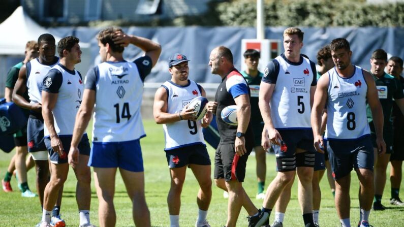 Séance d'entraînement au stade Bourret, à Capbreton, pour le XV de France, le 8 août 2023. (Photo : GAIZKA IROZ/AFP via Getty Images)