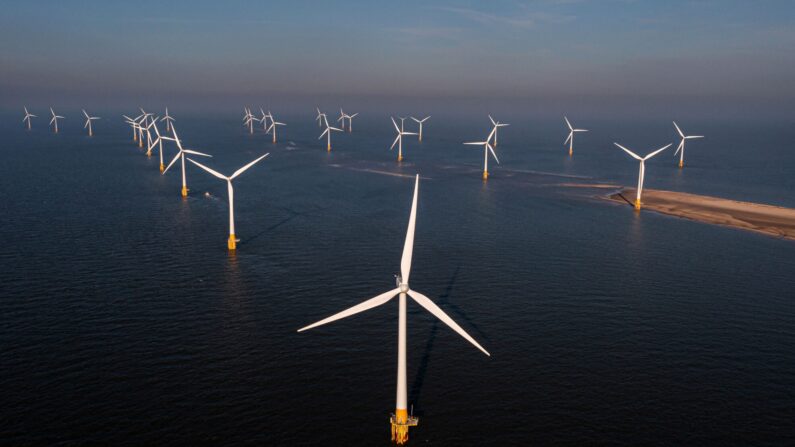 Une vue aérienne montre des éoliennes au parc éolien Scroby Sands de RWE, au large de la côte de Great Yarmouth dans l'est de l'Angleterre, le 15 février 2023. (Photo : Daniel LEAL / AFP via Getty Images)