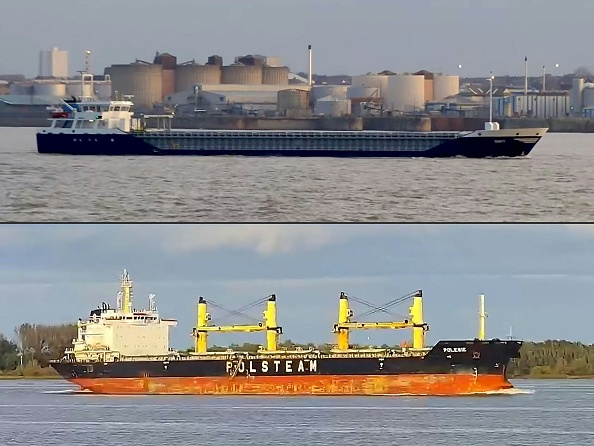 Des images montrant le cargo Verity (en haut) et le cargo Polesie à Hambourg, en Allemagne. (Photo STRINGER/NEWS5/AFP via Getty Images)