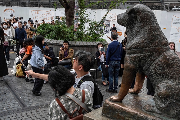 La statue de « Hachiko » devant la gare de Shibuya, dans le centre de Tokyo, avant le 100e anniversaire de la naissance du chien légendaire ce mois-ci. (Photo RICHARD A. BROOKS/AFP via Getty Images)