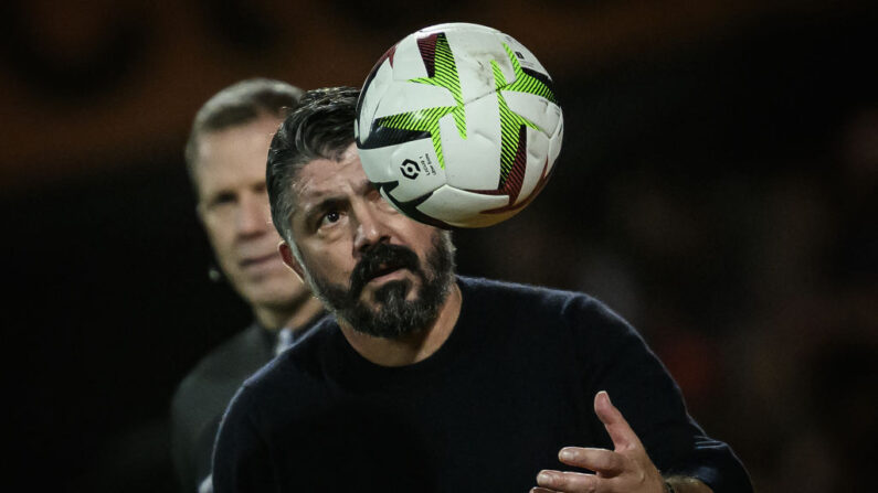 Malgré la victoire à Lorient, dimanche, pour la 15e journée de Ligue 1, l'entraîneur de Marseille Gennaro Gattuso s'est dit "très énervé" par la seconde période de ses joueurs. (Photo : LOIC VENANCE/AFP via Getty Images)