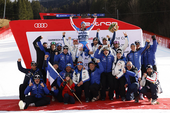 Nils Allègre devient le 5e Français vainqueur d'un super-G en Coupe du monde le 27 janvier 2024 à Garmisch Partenkirchen, Allemagne. (Photo Alexis Boichard/Agence Zoom/Getty Images)