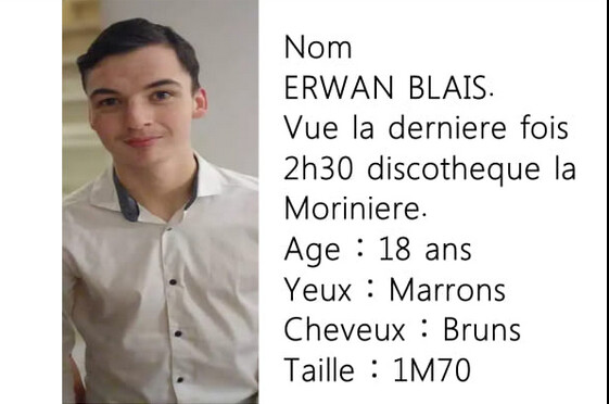 Erwan Blais, 18 ans, n’a plus donné signe de vie depuis ce dimanche 11 février à 2h30, à Moncoutant-sur-Sèvre (Deux-Sèvres). (Capture d'écran Facebook "Retrouver Erwan") 