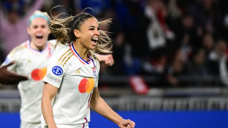 Delphine Cascarino, auteure d'un doublé à l'occasion de la victoire de l'OL sur Benfica Lisbonne (4-1), mercredi au Groupama stadium en quarts de finale retour de la Ligue des Champions. (Photo  : OLIVIER CHASSIGNOLE/AFP via Getty Images)