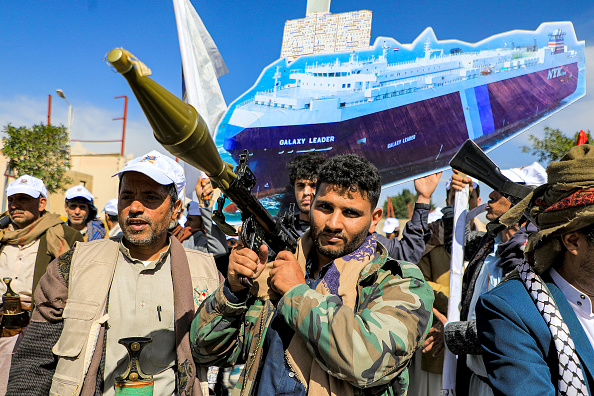 Un rassemblement pro-palestinien dans la capitale Sanaa, tenue par les Houthis, le 7 février 2024. (Photo MOHAMMED HUWAIS/AFP via Getty Images)