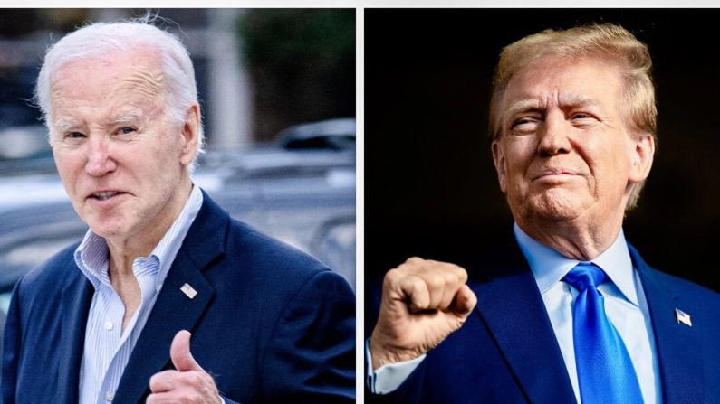 (À gauche) Le président Joe Biden lève le pouce en quittant l'église catholique romaine St. Edmond à Rehoboth Beach (Delphes), le 4 novembre 2023. (À droite) L'ancien président Donald Trump assiste à un meeting de campagne à Trendsetter Engineering Inc. à Houston, Texas, le 2 novembre 2023. (Brendan Smialowski/AFP via Getty Images ; Brandon Bell/Getty Images)