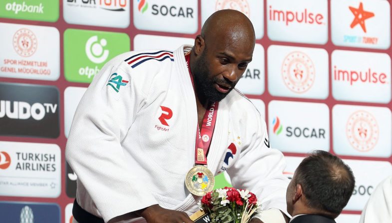 Teddy Riner a accompli sa mission en s'imposant dimanche en finale du Grand Chelem de Douchanbé, à moins de trois mois des Jeux. (Photo : ONER SAN/AFP via Getty Images)