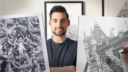 Un artiste en architecture dessine des palais incroyables, le pont de Londres et le Louvre avec une minutie exemplaire