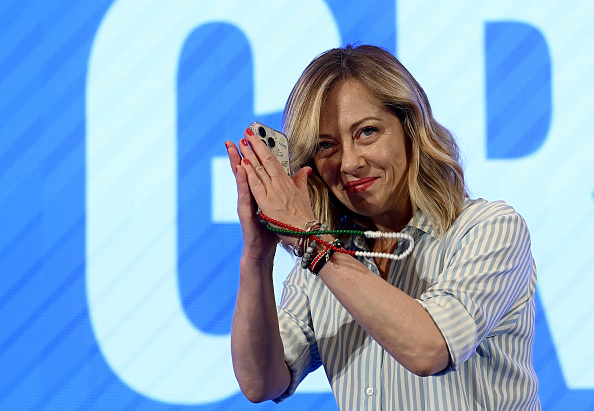 La Première ministre italienne et cheffe de Fratelli d'Italia Giorgia Meloni. (FILIPPO MONTEFORTE/AFP via Getty Images)