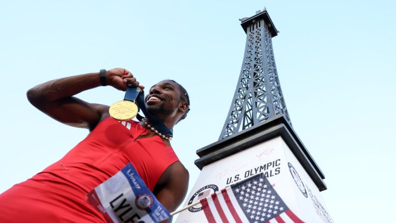 Le champion du monde Noah Lyles a remporté le 100 m des sélections olympiques américaines en 9 sec 83 (0,4 m/s de vent), égalant son record personnel dimanche à Eugene (Oregon). (Photo : Patrick Smith/Getty Images)