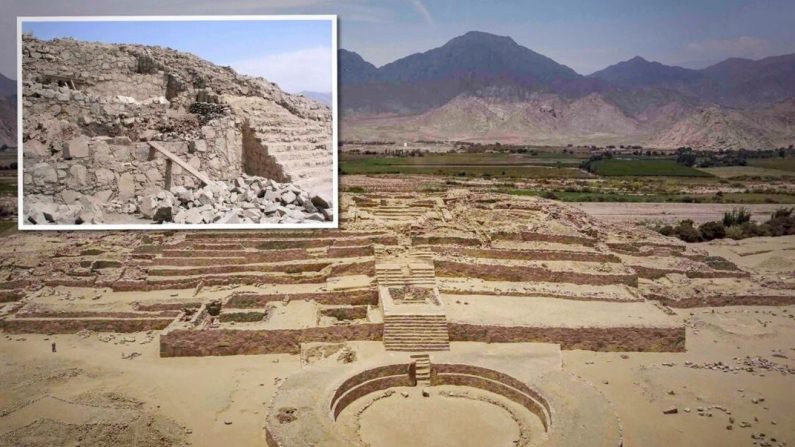 La ville sacrée de Caral, au Pérou, existait à l'époque de la construction des pyramides égyptiennes. (Illustration d’Epoch Times, Håkan Svensson Xauxa/CC BY-SA 3.0 DEED, Shutterstock)