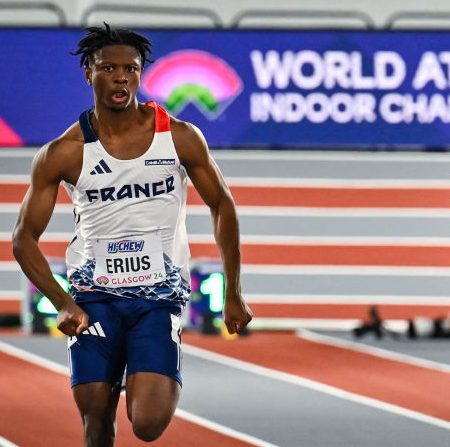 Jeff Erius a remporté le 100 m des Championnats de France espoirs d'athlétisme en 9 sec 98 (1,8 m/s) vendredi à Albi, devenant le 5e Français à courir sous la barre des 10 secondes. (Photo : BEN STANSALL/AFP via Getty Images)