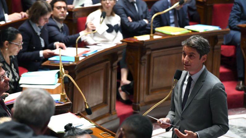 Le Premier ministre  Gabriel Attal devant l'Assemblée nationale,  le 14 mai 2024 (MEHDI FEDOUACH/AFP via Getty Images)