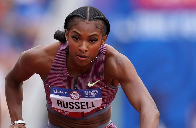 Masai Russell a dominé un 100 m haies de feu en 12 sec 25 (0,7 m/s de vent), meilleure performance mondiale de la saison, aux sélections olympiques US dimanche à Eugene (Oregon. (Photo : Christian Petersen/Getty Images)