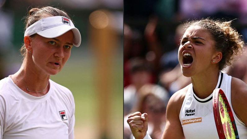 Les surprises se succèdent au palmarès de Wimbledon, la finale opposera samedi l'Italienne Jasmine Paolini (à.d), qui n'avait encore jamais gagné un match sur gazon avant cette année, à la Tchèque Barbora Krejcikova (à.g), quasi invisible sur le circuit depuis des mois. (Photo : HENRY NICHOLLS/AFP via Getty Images)