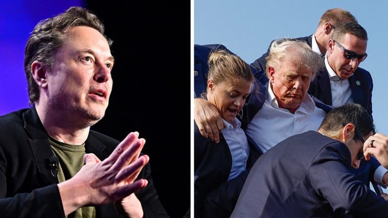 Combinaison de photos. À gauche, Elon Musk (FREDERIC J. BROWN/AFP via Getty Images). À droite, Donald Trump entouré de ses gardes du corps. (Anna Moneymaker/Getty Photos)