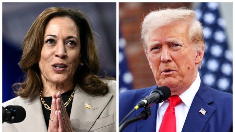 (À g.) La vice-présidente Kamala Harris s'exprime au Prince George's Community College à Largo, dans le Maryland, le 15 août 2024. (À dr.) L'ancien président Donald Trump s'exprime lors d'une conférence de presse au Trump National Bedminster Clubhouse à Bedminster, dans le New .Jersey., le 15 août 2024. (Brendan Smialowski/AFP via Getty Images ; Michael M. Santiago/Getty Images)