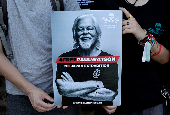 Une manifestation de soutien au fondateur canadien de l'ONG Sea Shepherd Conservation Society, Paul Watson, à Paris le 11 août 2024. (STEPHANE DE SAKUTIN/AFP via Getty Images)