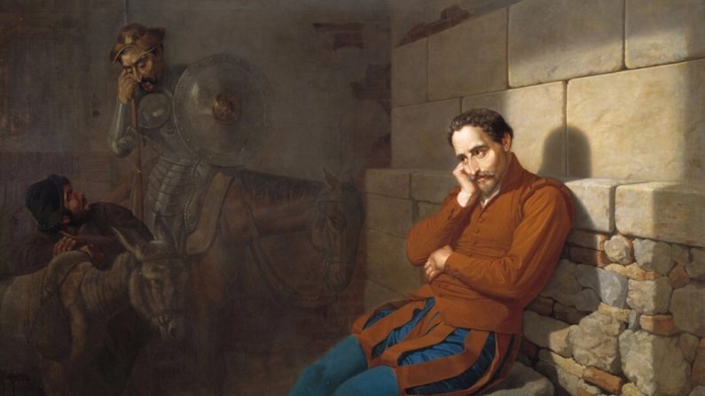 Un détail de "Miguel de Cervantes imaginant Don Quichotte", 1858, de Mariano de la Roca y Delgado. Huile sur toile. Le Musée du Prado, Madrid. (Domaine public)