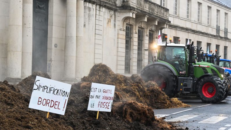 Des pancartes dans le fumier à côté de tracteurs lors d'une manifestation organisée par le syndicat agricole français FDSEA 51 (Fédération départementale des syndicats d'exploitants agricoles) et "Jeunes Agriculteurs pour la Marne" contre la "complexité administrative" devant le bâtiment de la préfecture à Chalons-en-Champagne, dans le nord-est de la France, le 18 octobre 2024. (FRANCOIS NASCIMBENI/AFP via Getty Images)