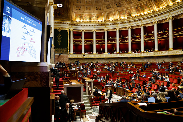 Une vue générale de l'Assemblée nationale après que les députés  aient voté en faveur d'un article introductif lors d'une séance de débat sur le budget, à Paris (LUDOVIC MARIN/AFP via Getty Images)