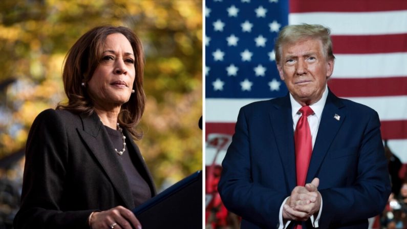 (À gauche) La candidate démocrate aux élections américaines, la vice-présidente Kamala Harris, s'exprime lors d'un événement de campagne à Grand Rapids (Michigan) le 18 octobre 2024 ; (À droite) Le candidat républicain, l'ancien président Donald Trump, arrive sur scène lors d'un événement de campagne au Lancaster County Convention Center à Lancaster (Pennsylvanie), le 20 octobre 2024. Bill Pugliano, Win McNamee/Getty Images