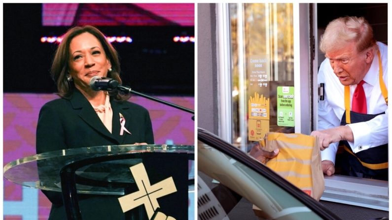 
(À gauche) La vice-présidente Kamala Harris s'exprime lors d'un service religieux à la New Birth Missionary Baptist Church à Stonecrest, en Géorgie, le 20 octobre 2024. (À droite) L'ancien président Donald Trump au drive-in lors d'une visite au restaurant McDonald's de Feasterville-Trevose, en Pennsylvanie, le 20 octobre 2024. Megan Varner, Win McNamee/Getty Images