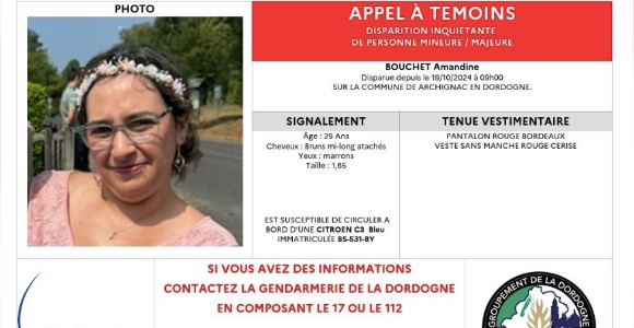 Dordogne : un appel à témoins lancé pour retrouver Amandine, une jeune femme de 29 ans