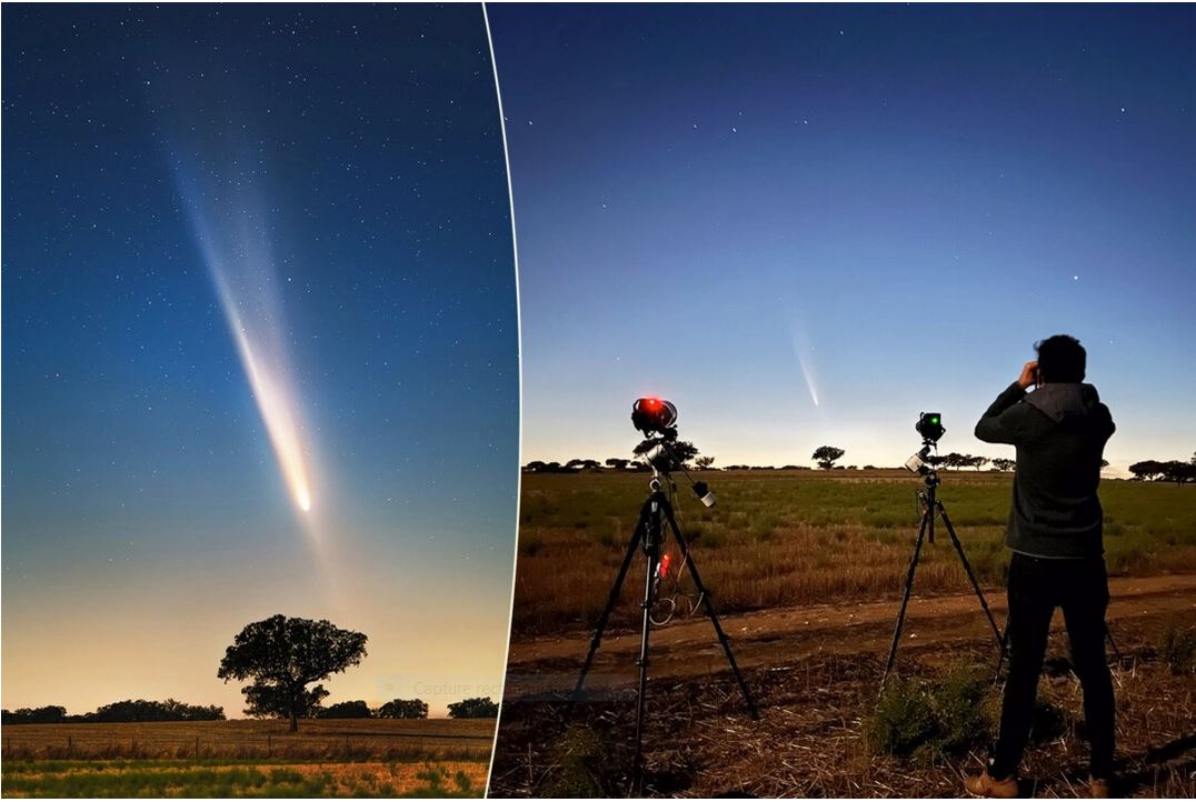 Un chasseur de comètes capture des images épiques de la comète Atlas avec une anti-queue spectaculaire dans un ciel crépusculaire rose