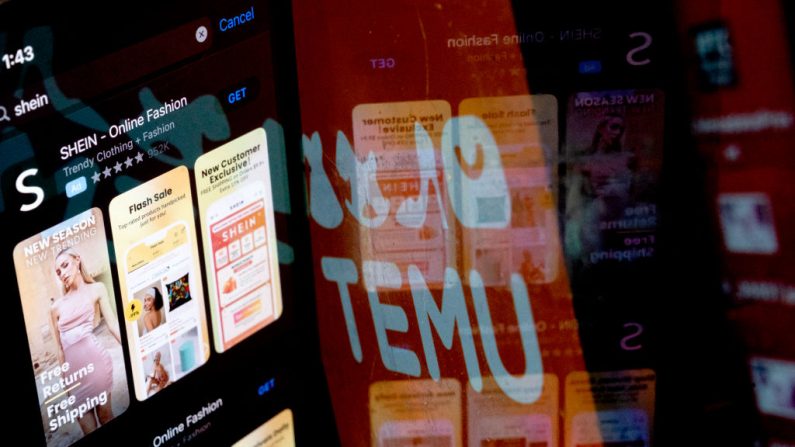 
L'application Shein sur l'App Store et le logo de Temu. (STEFANI REYNOLDS/AFP via Getty Images)