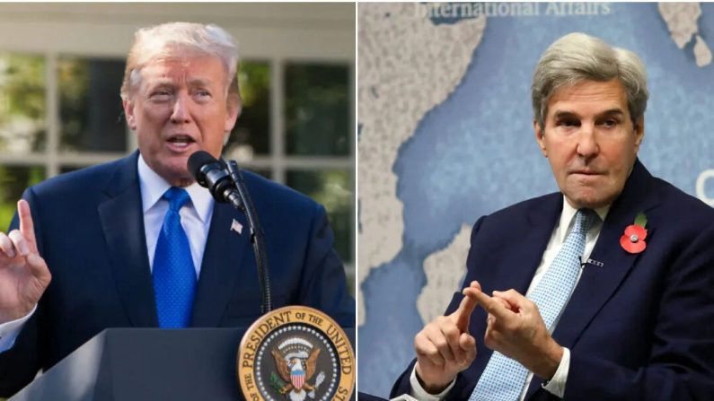 (À g.) Le président Donald Trump dans la roseraie de la Maison-Blanche, le 2 novembre 2017. (À dr.) L'ancien secrétaire d'État américain John Kerry à Chatham House, à Londres, le 6 novembre 2017. (Samira Bouaou/Epoch Times ; Dan Kitwood/Getty Images)