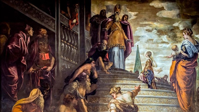 "La Présentation de la Vierge au Temple", entre 1552 et 1556, par Jacopo "Tintoretto" Robusti. Église de la Madonna dell'Orto, Venise. (Domaine public)