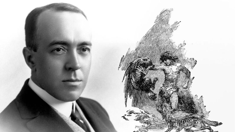 L'auteur Edgar Rice Burroughs et une illustration de son sixième livre Jungle Tales of Tarzan, 1919 (Domaine public)