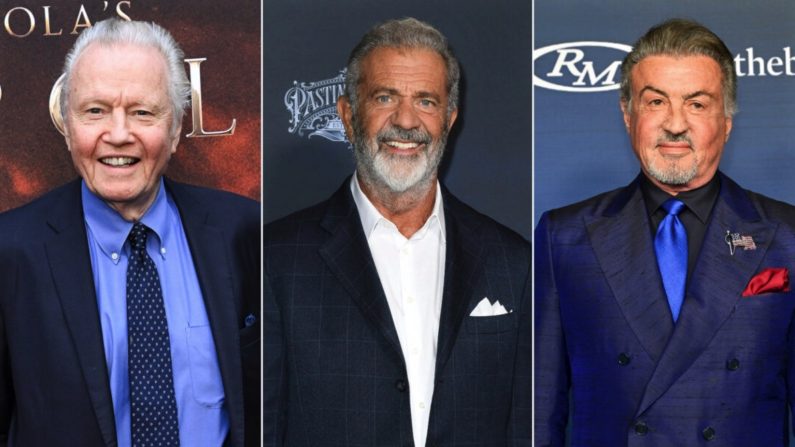 (De g. à dr.)L'acteur Jon Voight à Los Angeles le 23 septembre 2024,  l'acteur et cinéaste Mel Gibson au DGA Theater Complex à Los Angeles le 24 septembre 2024 et Sylvester Stallone participant à l'amfAR Las Vegas au Wynn Las Vegas à Las Vegas le 22 novembre 2024. (Jon Kopaloff/Getty Images for Lionsgate ; Valerie Macon/AFP via Getty Images ; David Becker/Getty Images)