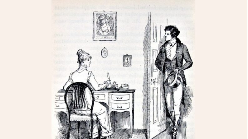 Illustration par Hugh Thomson d'Elizabeth Bennet et Mr. Darcy, tirée de l'édition londonienne de 1894 d''Orgueil et Préjugés'. (Domaine public)