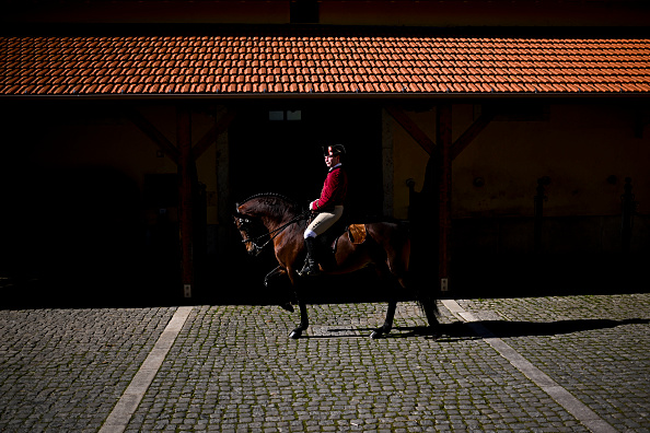 Un cavalier de l'école d'art équestre de Lisbonne s'échauffe sur un cheval lusitanien avant un spectacle de dressage à l'école d'art équestre de Lisbonne à Belem, Lisbonne, le 15 janvier 2024. (PATRICIA DE MELO MOREIRA/AFP via Getty Images)