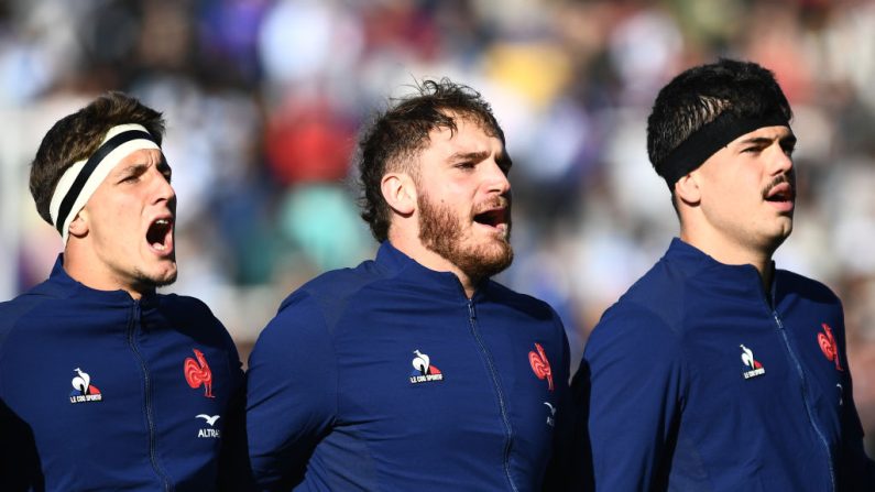 Oscar Jegou, Lenni Nouchi, Hugo Auradou, avant un match test entre les Pumas d'Argentine et la France au stade Malvinas Argentinas le 06 juillet 2024 à Mendoza, Argentine.. (Photo : Rodrigo Valle/Getty Images)