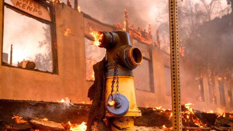 Une bouche d'incendie brûle lors de l'incendie d'Eaton dans la région d'Altadena, dans le comté de Los Angeles (Californie), le 8 janvier 2025. (Josh Edelson/AFP via Getty Images)