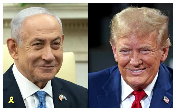 Benjamin Netanyahou (à g.) dans le bureau ovale de la Maison-Blanche, le 25 juillet 2024. Donald Trump (à dr.) participe à une réunion publique à Flint, dans le Michigan, le 17 septembre 2024. (Jim Watson et Jeff Kowasky/AFP via Getty Images)