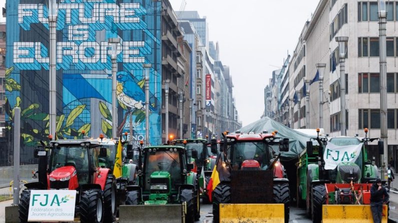 Des agriculteurs manifestent à Bruxelles à l'occasion du Conseil européen de l'agriculture, le 26 février 2024. (BENOIT DOPPAGNE/BELGA MAG/AFP via Getty Images)