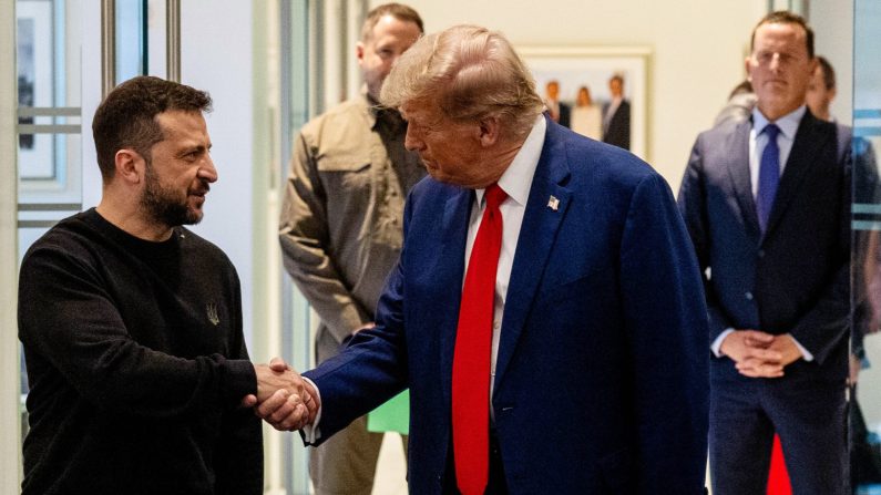 Le président ukrainien Volodymyr Zelensky et le candidat républicain à la présidence, l'ancien président américain Donald Trump, se serrent la main lors d'une rencontre le 27 septembre 2024 à New York. (Alex Kent/Getty Images)