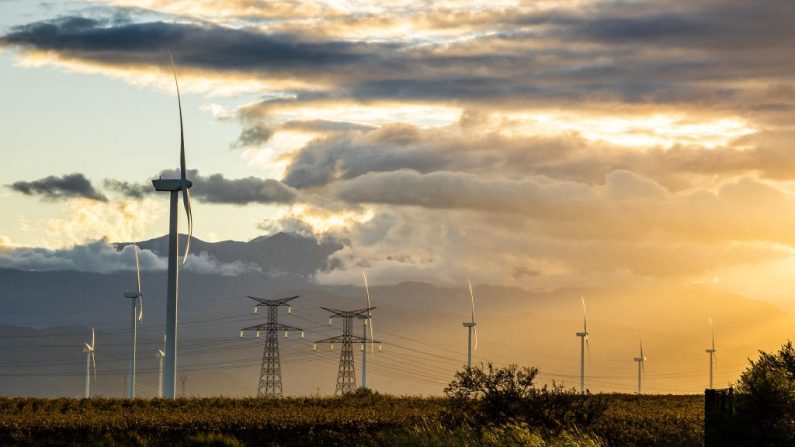 Des éoliennes et des lignes à haute tension à Calce, dans les Pyrénées-Orientales (JC MILHET/Hans Lucas/AFP via Getty Images)