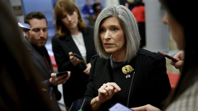 La sénatrice Joni Ernst (Parti républicain de l'Iowa) s'adresse aux journalistes alors qu'elle se rend à un déjeuner du Sénat au Capitole des États-Unis le 19 novembre 2024. (Kevin Dietsch/Getty Images)