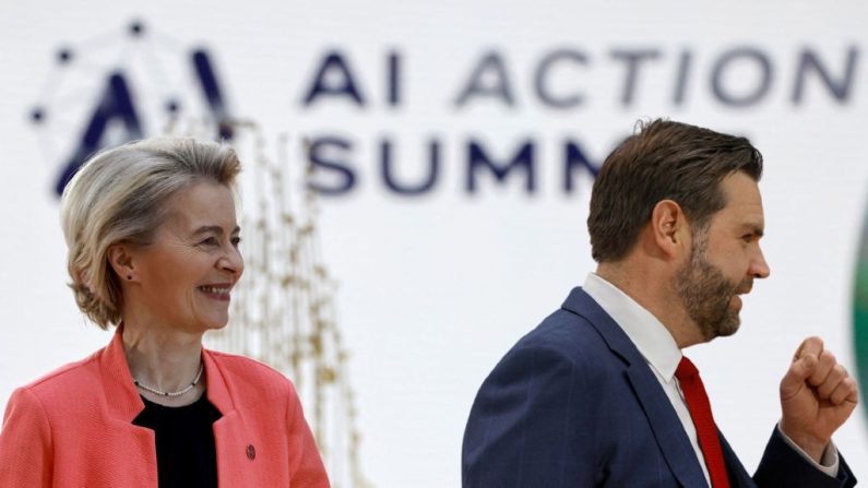 Le vice-président américain J. D. Vance et la présidente de la Commission européenne Ursula von der Leyen (montage) lors du sommet international de l’IA à Paris, le 11 février 2025. (LUDOVIC MARIN/AFP via Getty Images) 