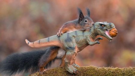 Un photographe capture des écureuils jouant avec des dinosaures jouets dans une adorable série de photos