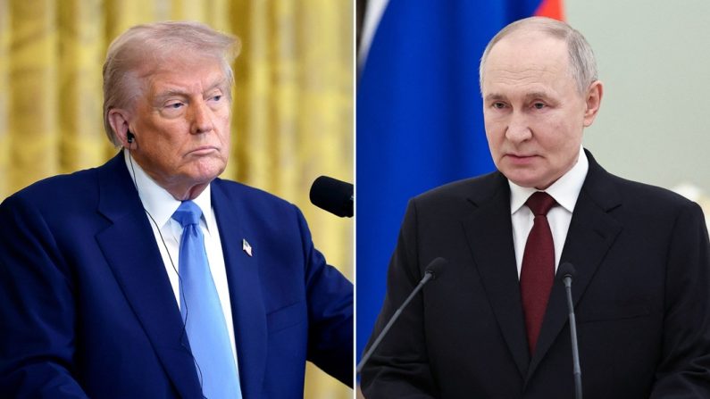 (À g.) Le président américain Donald Trump dans la salle Est de la Maison-Blanche à Washington, DC, le 24 février 2025 ; (À dr.) Le président russe Vladimir Poutine prononce un discours au Kremlin à Moscou, le 23 février 2025. (Chip Somodevilla/Getty Images ; Alexander Kazakov/POOL/AFP via Getty Images)