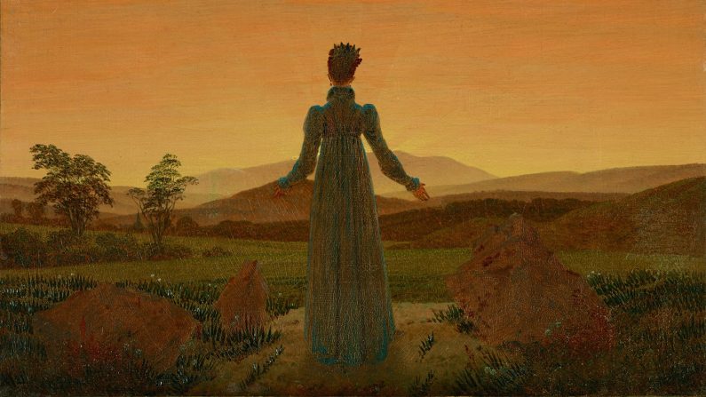 "Woman Before the Rising or Setting Sun (Une Femme devant le soleil levant ou couchant)", Huile sur toile par Caspar David Friedrich, vers 1818-1824. Les corps célestes, motif populaire dans toute l'œuvre de Friedrich, symbolisaient la mortalité, le renouveau, le destin et l'espoir au cours de la période romantique. Musée Folkwang, Essen. (Crédit photo : the Metropolitan Museum of Art)