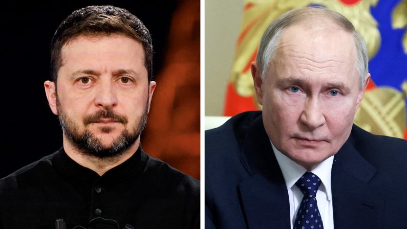 (À g.) Le président ukrainien Volodymyr Zelensky, le 26 mars 2025. (À dr.) Le président russe Vladimir Poutine, le14 mars 2025. (Ludovic Marin, Aleksey Babushkin/AFP via Getty Images)