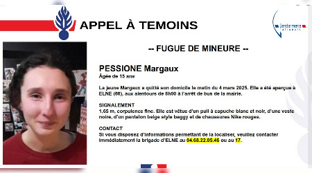 Pyrénées-Orientales : disparition de Margaux, 15 ans, la gendarmerie lance un appel à témoins pour « fugue de mineure »